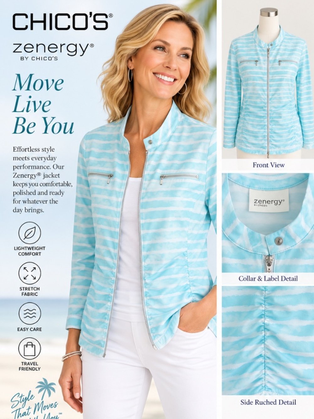 Like New! Chico’s Zenergy Aqua White Stripe Ruched Zip Jacket Size 2 Large